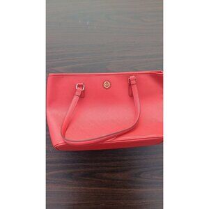 KR Womens Red Faux Leather Magnetic Closure Structured Bag